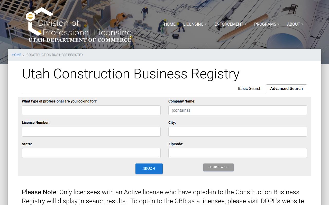 Logan neighbors Utah construction registry search
