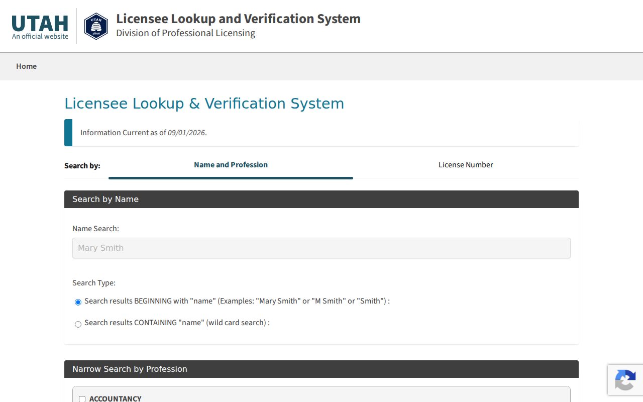 Logan resident lookup Utah DOPL license name search